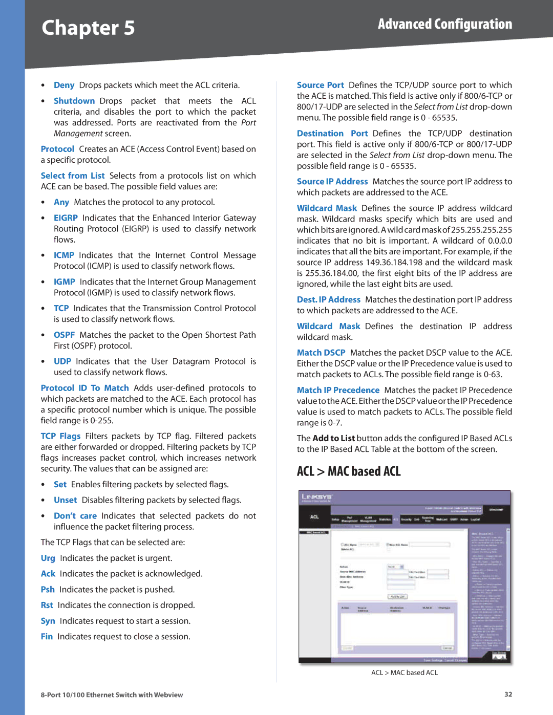 Linksys SRW208G, SRW208MP, SRW208L, SRW208P manual Advanced Configuration, ACL MAC based ACL 