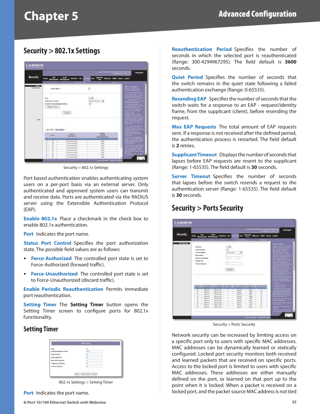 Linksys SRW208MP, SRW208L, SRW208G, SRW208P manual Security 802.1x Settings, Security Ports Security, Setting Timer 