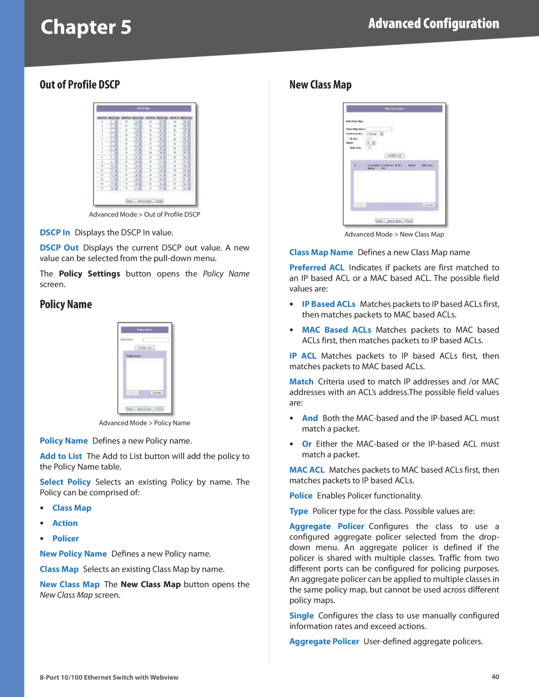 Linksys SRW208MP, SRW208L, SRW208G, SRW208P manual Out of Profile Dscp, Policy Name, New Class Map 