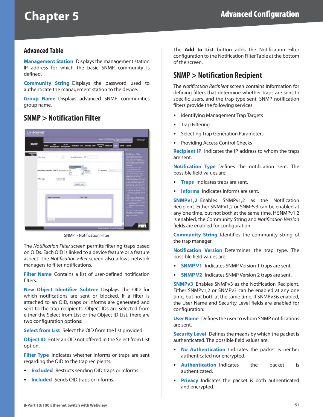 Linksys SRW208L, SRW208MP, SRW208G, SRW208P manual Snmp Notification Filter, Snmp Notification Recipient, Advanced Table 