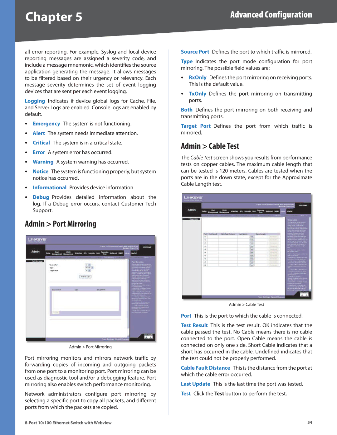 Linksys SRW208MP, SRW208L, SRW208G, SRW208P manual Admin Port Mirroring, Admin Cable Test 