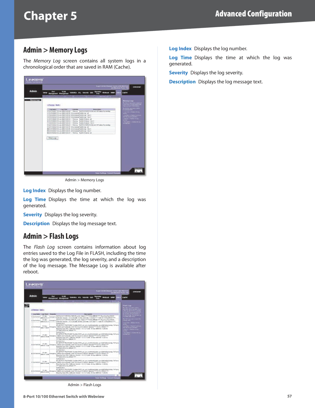 Linksys SRW208G, SRW208MP, SRW208L, SRW208P manual Admin Memory Logs, Admin Flash Logs 