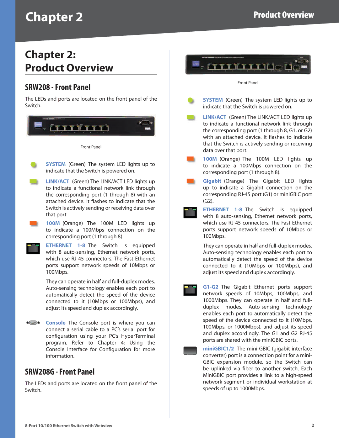 Linksys SRW208MP, SRW208L, SRW208P manual Chapter Product Overview, SRW208 Front Panel, SRW208G Front Panel 