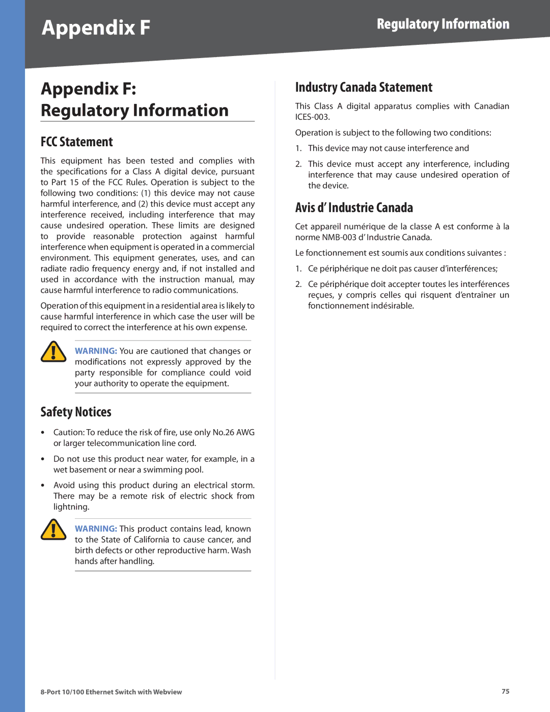 Linksys SRW208 Regulatory Information, FCC Statement, Safety Notices, Industry Canada Statement, Avis d’ Industrie Canada 