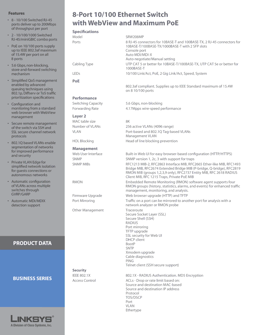 Linksys SRW208MP manual Specifications, PoE, Performance, Layer, Management 