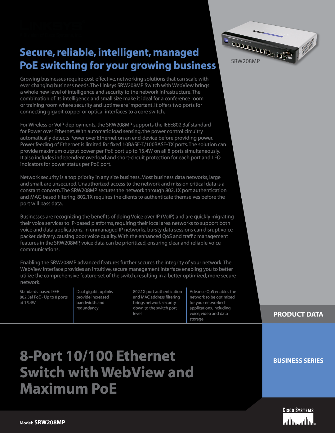 Linksys SRW208MP manual Business Series, Port 10/100 Ethernet Switch with WebView and Maximum PoE, Product Data 