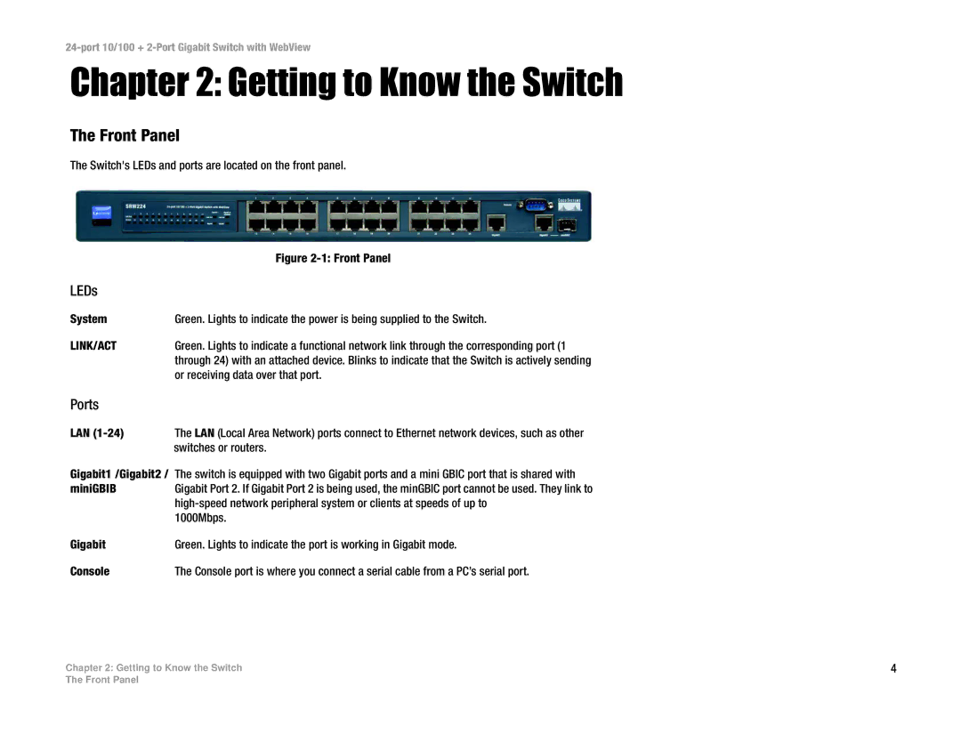 Linksys SRW224 manual Getting to Know the Switch, LEDs, Ports 