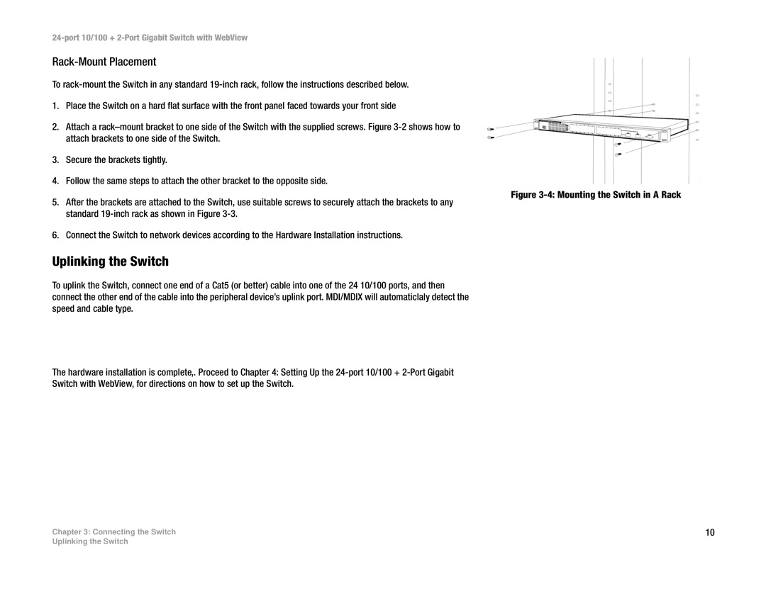 Linksys SRW224 manual Uplinking the Switch, Rack-Mount Placement 