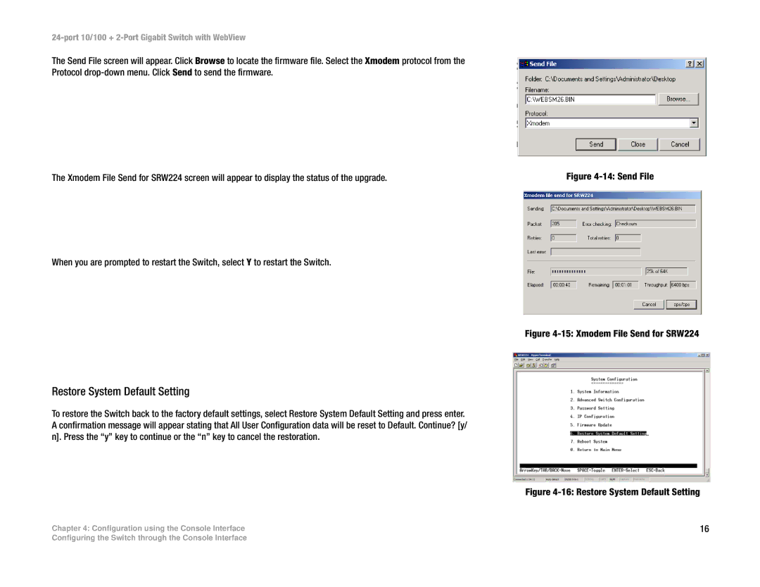 Linksys SRW224 manual Restore System Default Setting, Send File 