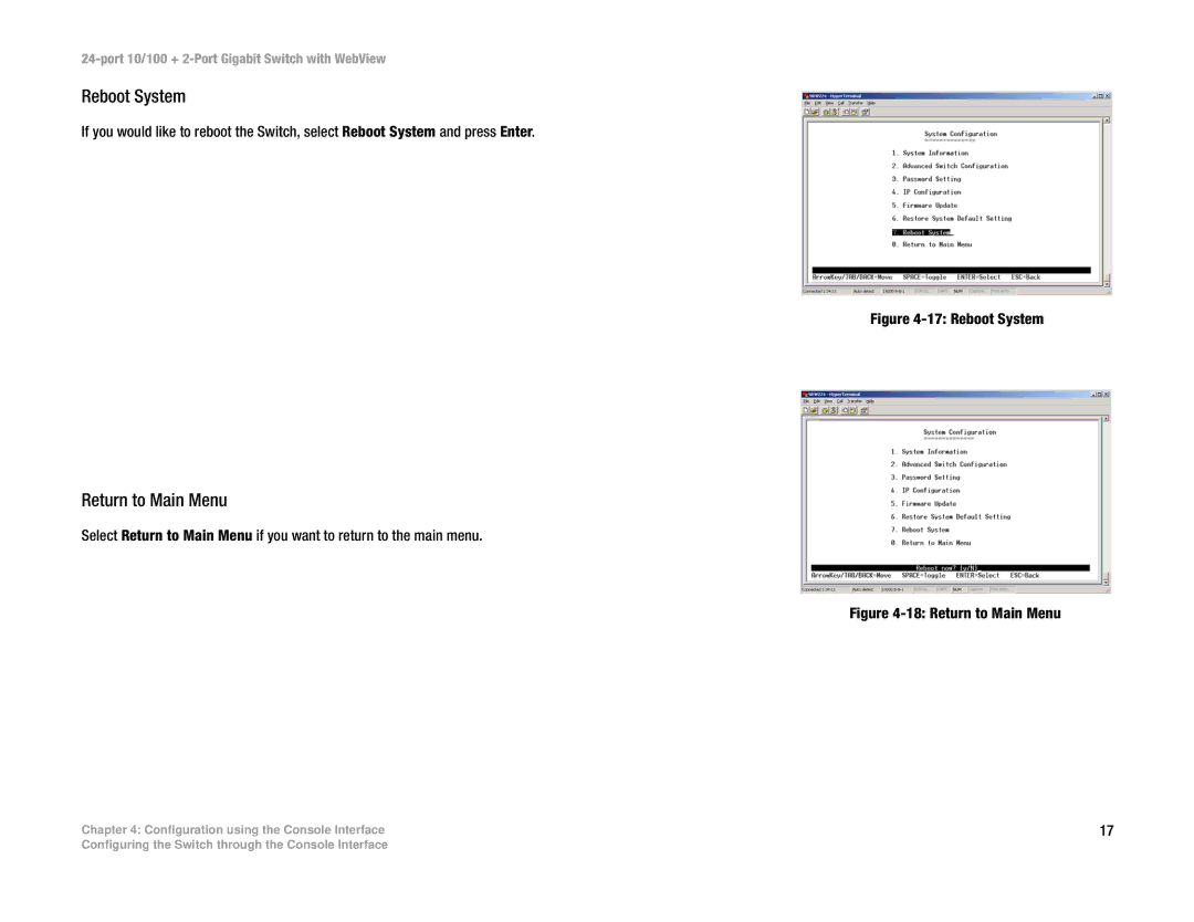 Linksys SRW224 manual Reboot System, Return to Main Menu 