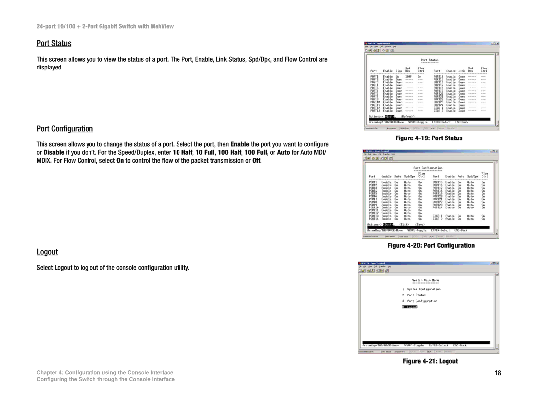 Linksys SRW224 manual Port Status, Port Configuration, Logout 