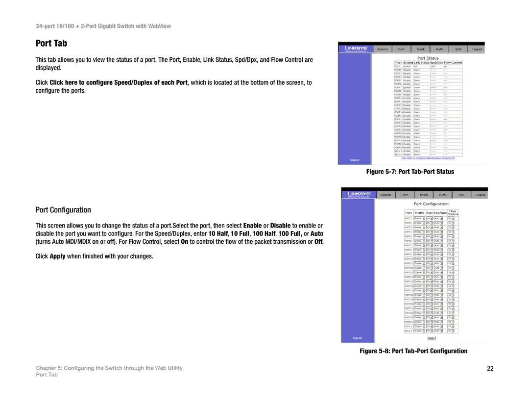 Linksys SRW224 manual Port Tab, Click Apply when finished with your changes 