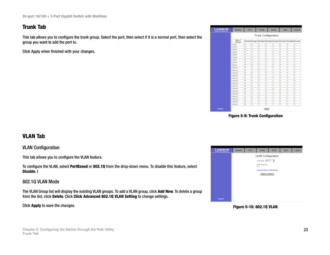 Linksys SRW224 manual Trunk Tab, Vlan Tab, Vlan Configuration, 802.1Q Vlan Mode 