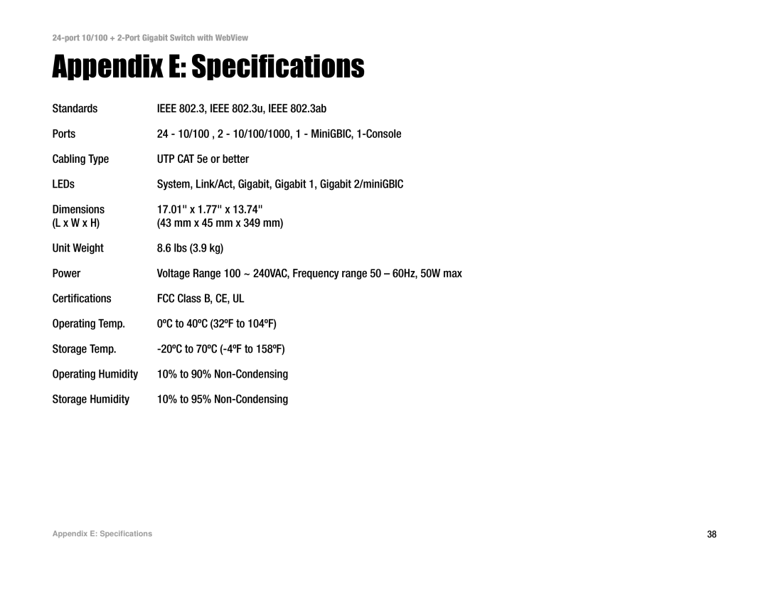 Linksys SRW224 manual Appendix E Specifications 