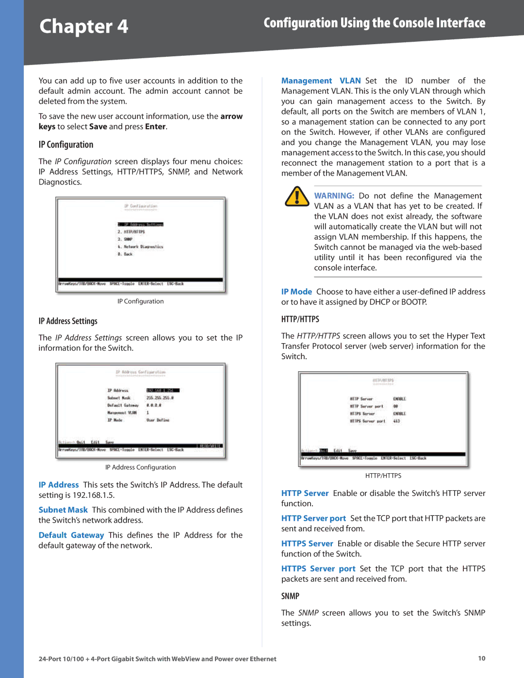 Linksys SRW224G4P manual IP Configuration, IP Address Settings 