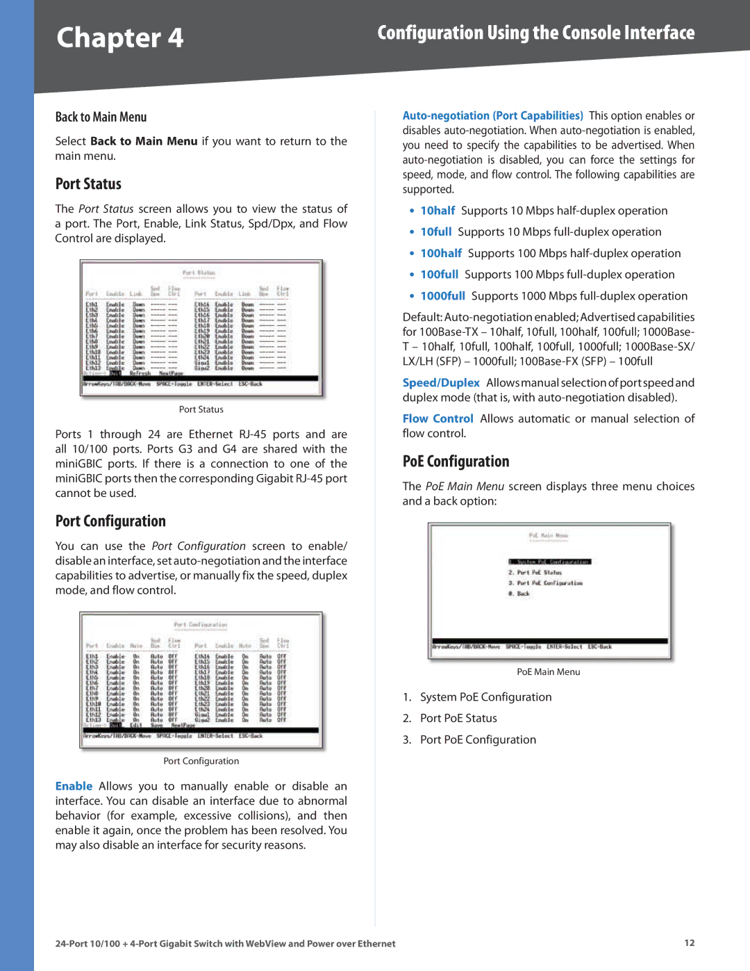 Linksys SRW224G4P manual Port Status, Port Configuration, PoE Configuration, Back to Main Menu 