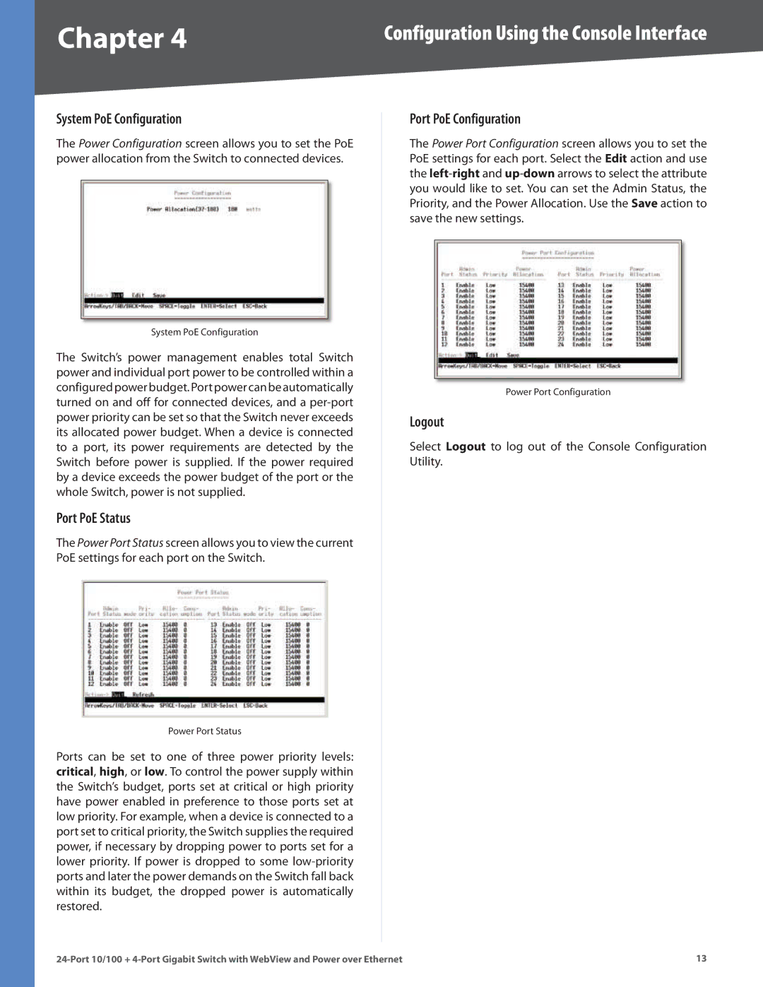 Linksys SRW224G4P manual System PoE Configuration, Port PoE Status, Port PoE Configuration, Logout 