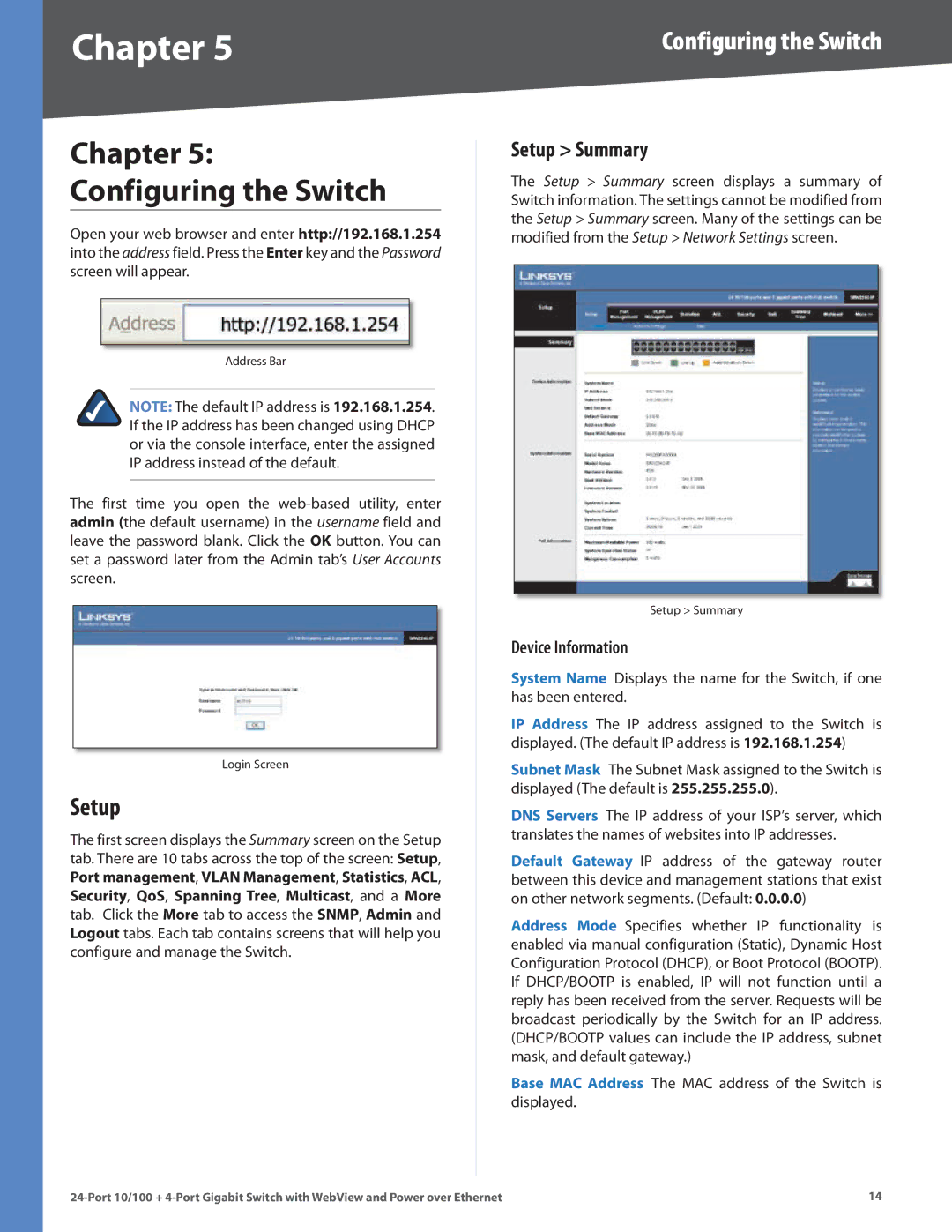 Linksys SRW224G4P manual Setup Summary, Device Information 