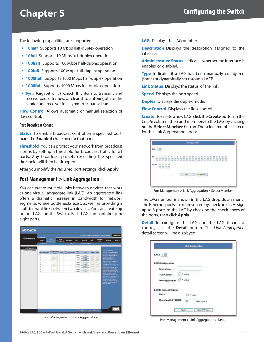 Linksys SRW224G4P manual Port Management Link Aggregation, Port Broadcast Control 