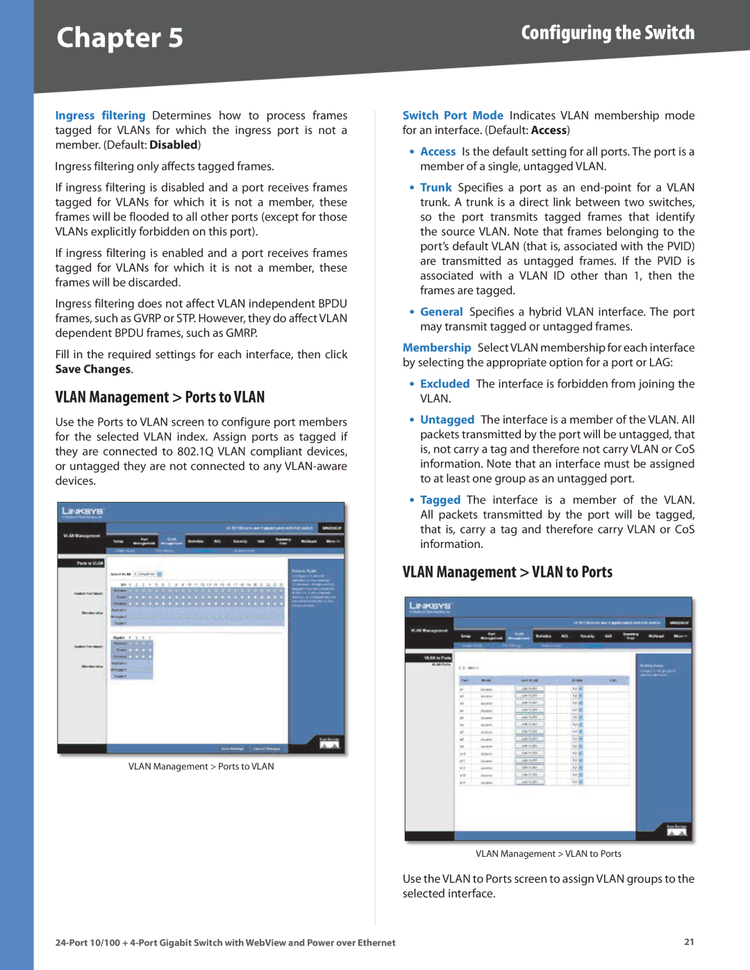 Linksys SRW224G4P manual Vlan Management Ports to Vlan, Vlan Management Vlan to Ports 