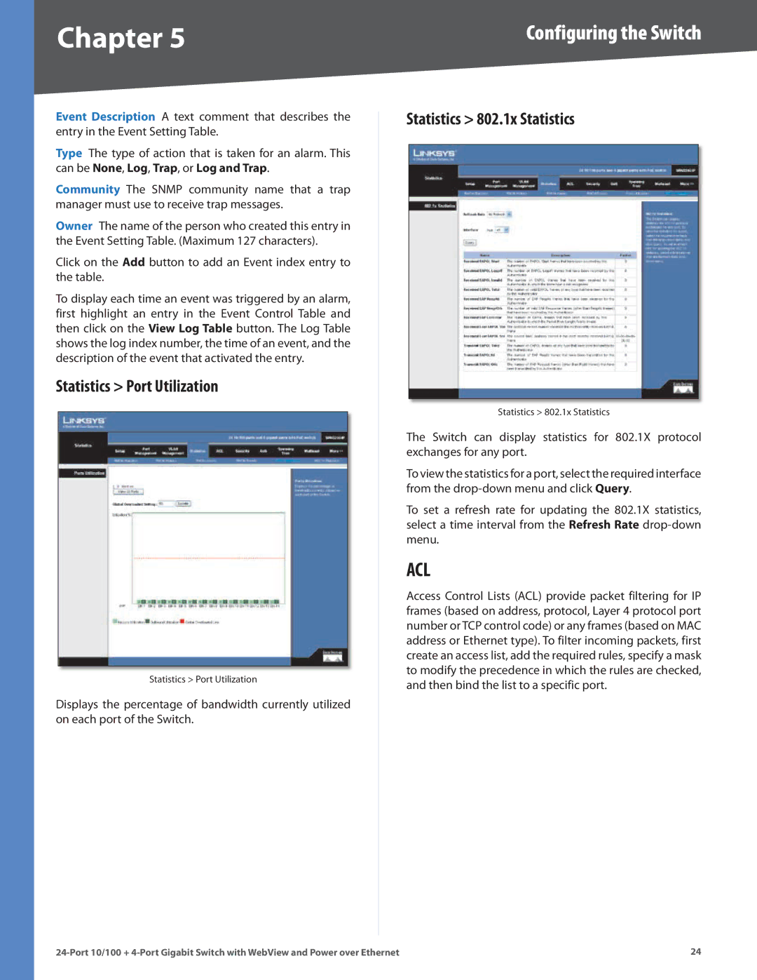 Linksys SRW224G4P manual Statistics Port Utilization, Statistics 802.1x Statistics 