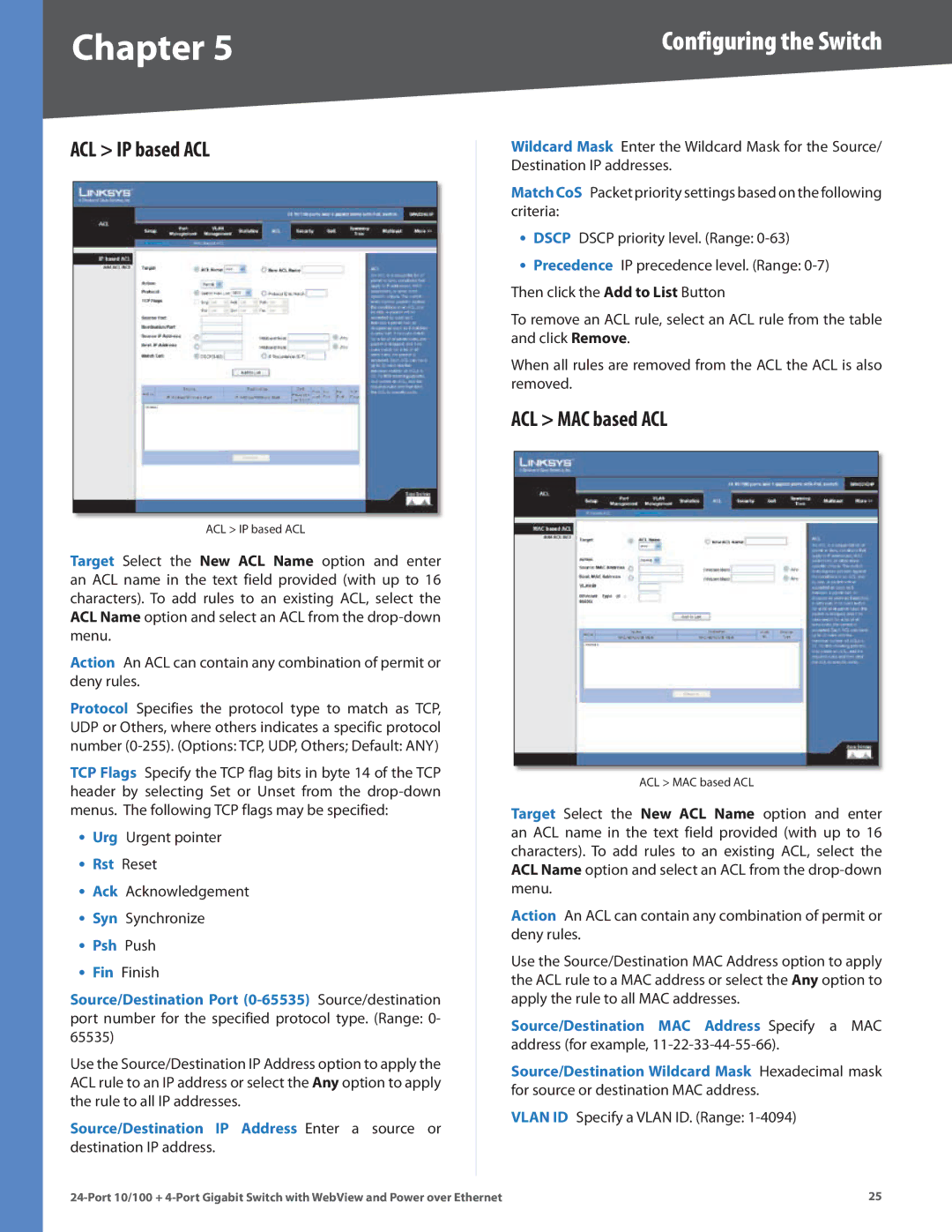 Linksys SRW224G4P manual ACL IP based ACL, ACL MAC based ACL 