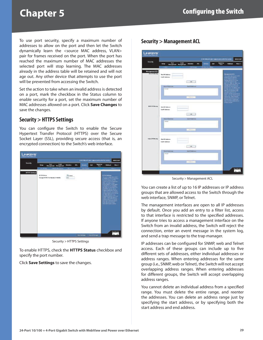 Linksys SRW224G4P manual Security Https Settings, Security Management ACL 