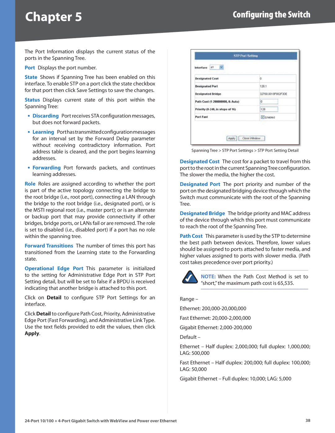 Linksys SRW224G4P manual Spanning Tree STP Port Settings STP Port Setting Detail 