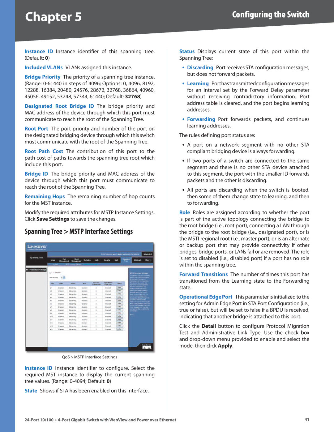 Linksys SRW224G4P manual Spanning Tree Mstp Interface Settings 