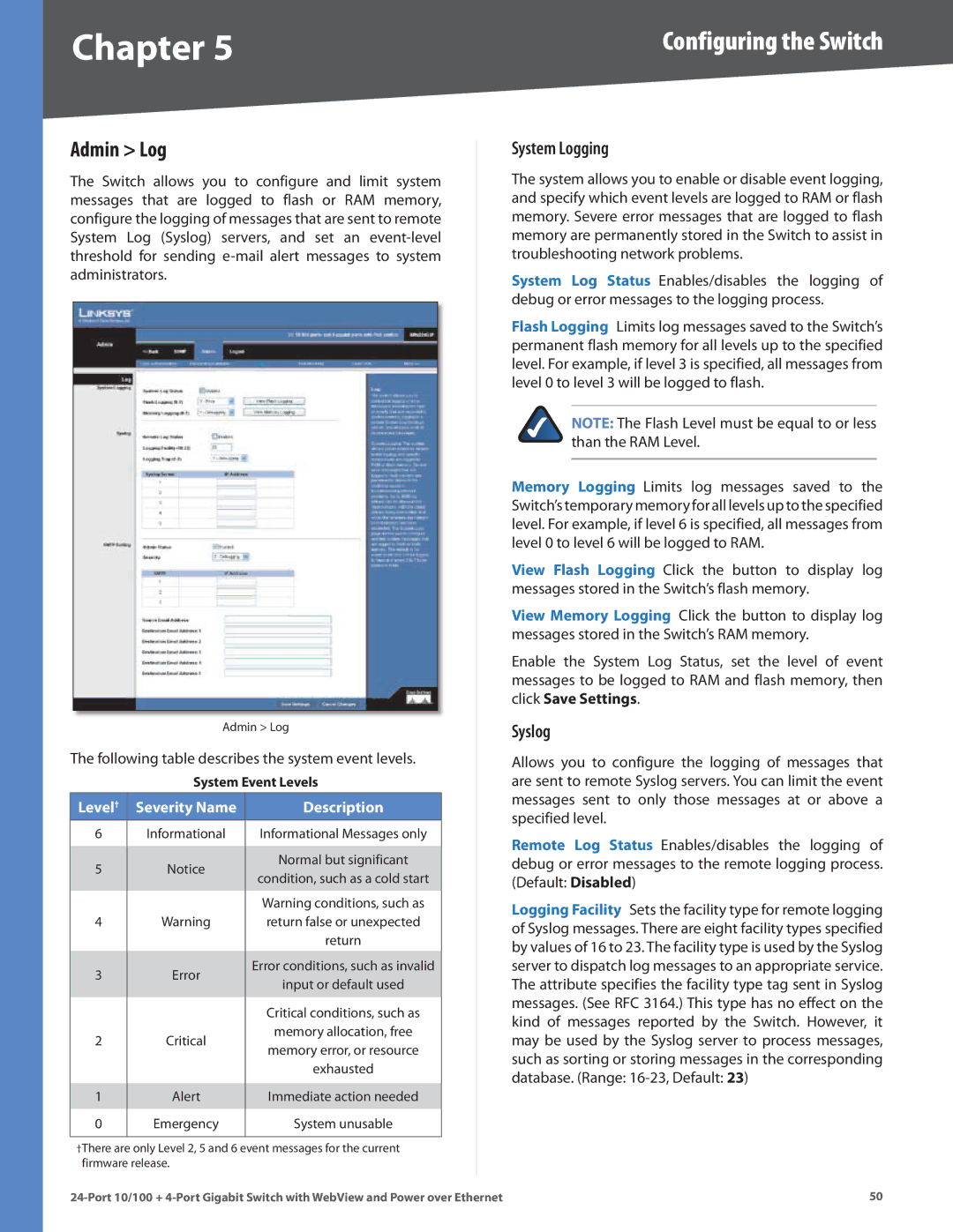 Linksys SRW224G4P manual Admin Log, System Logging, Syslog 