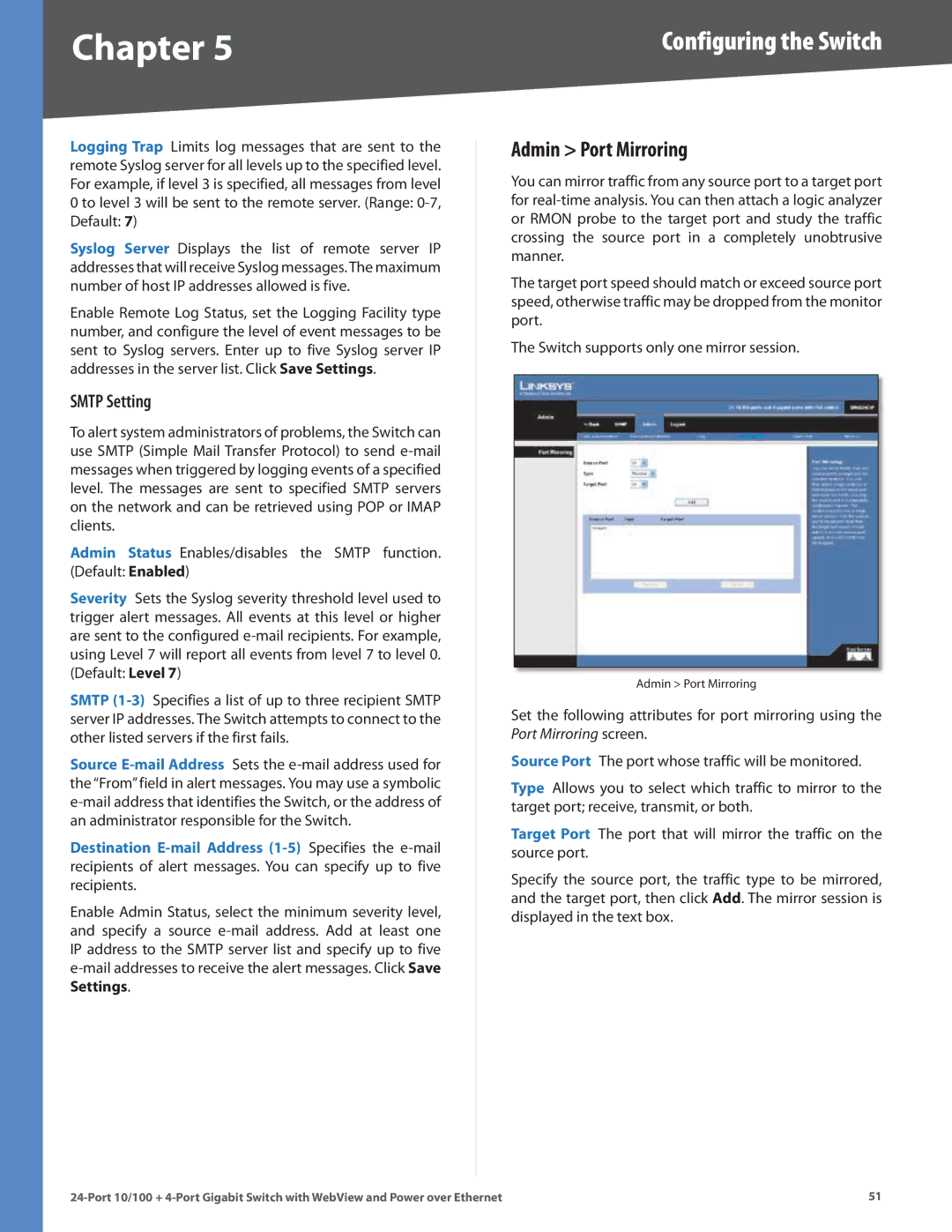 Linksys SRW224G4P manual Admin Port Mirroring, Smtp Setting 