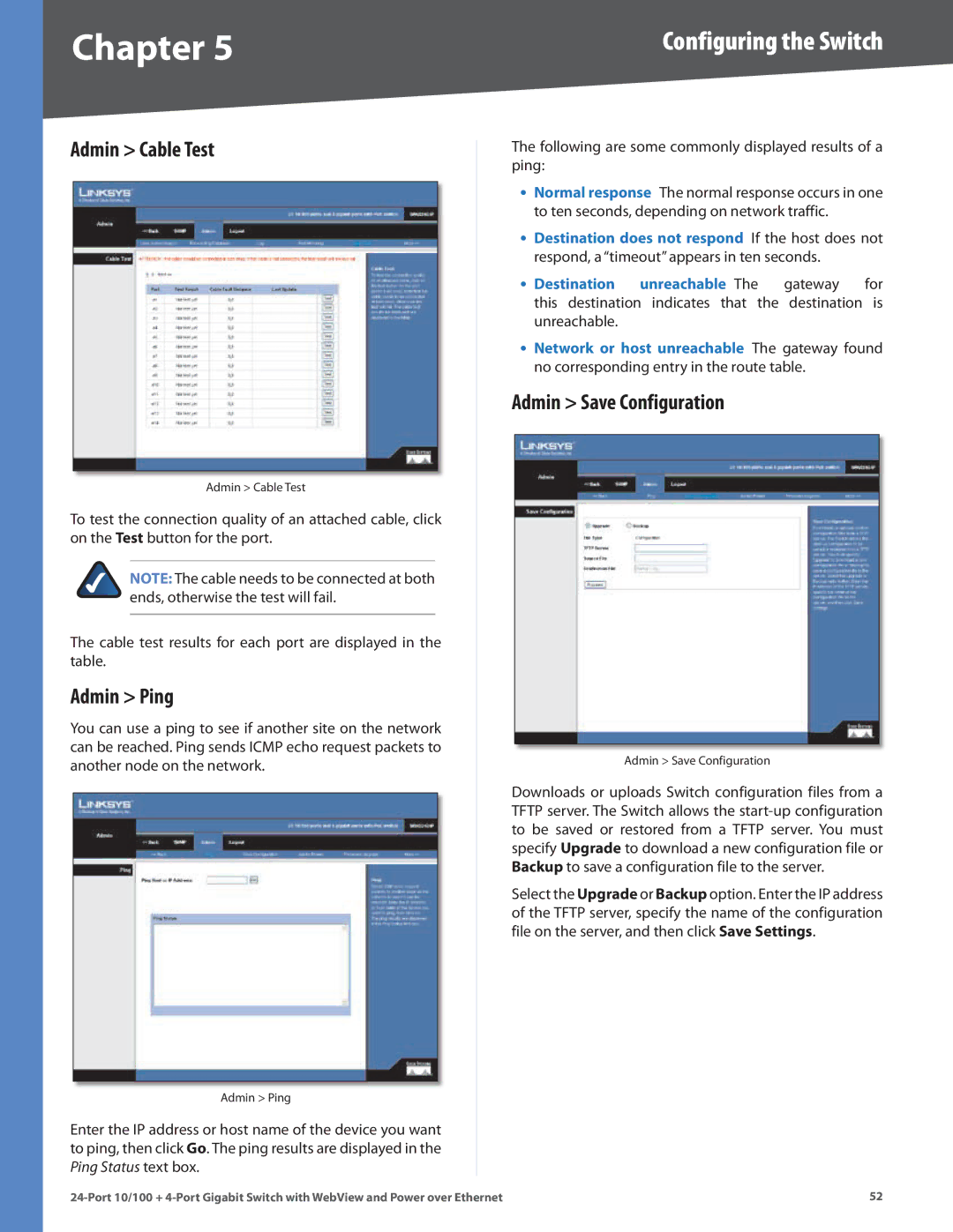 Linksys SRW224G4P manual Admin Cable Test, Admin Ping, Admin Save Configuration 