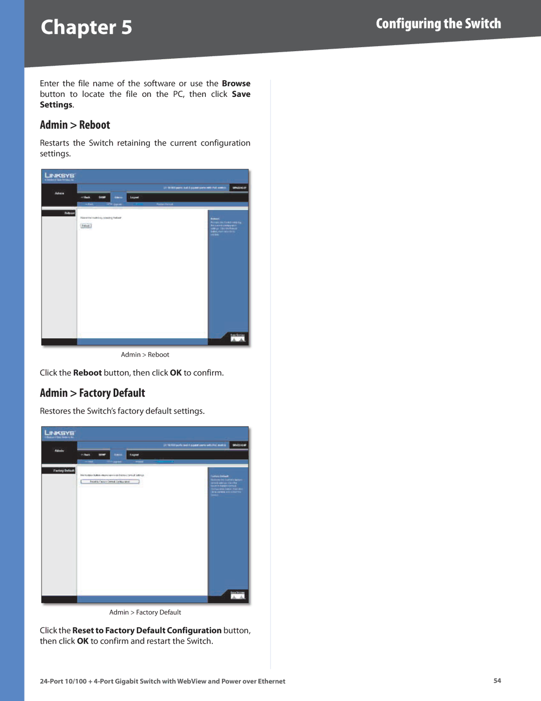 Linksys SRW224G4P manual Admin Reboot, Admin Factory Default 