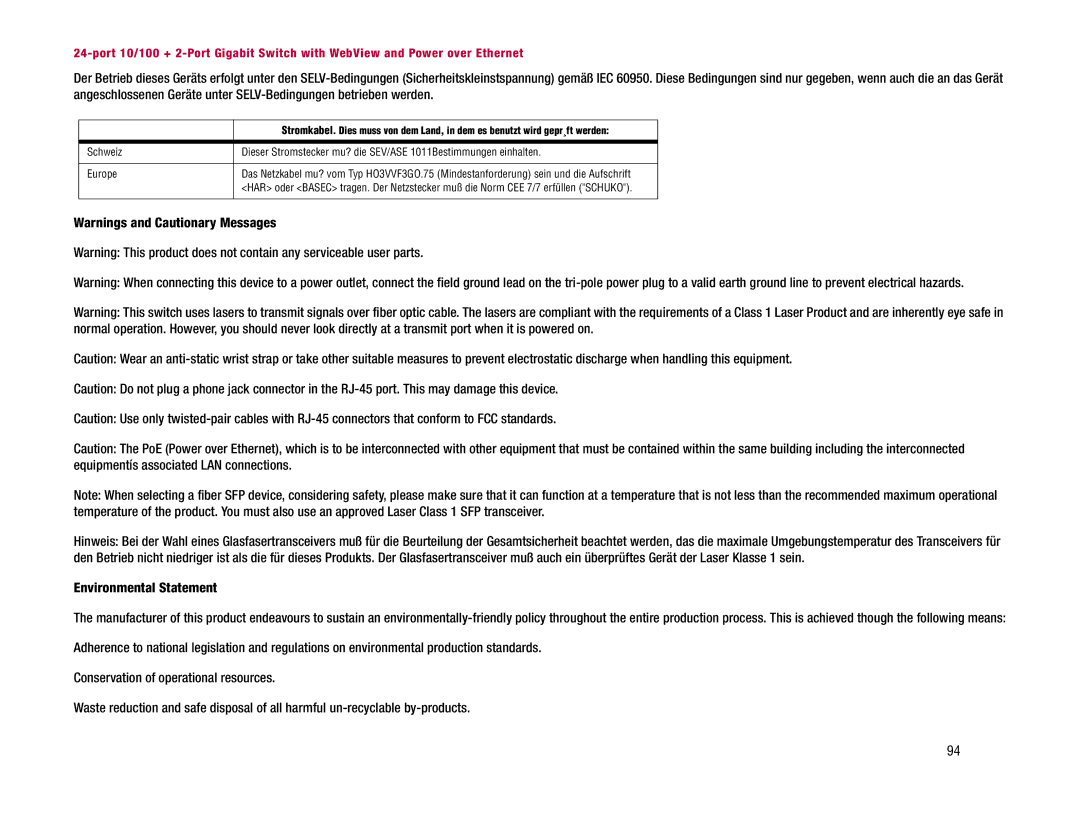 Linksys SRW224P manual Environmental Statement 