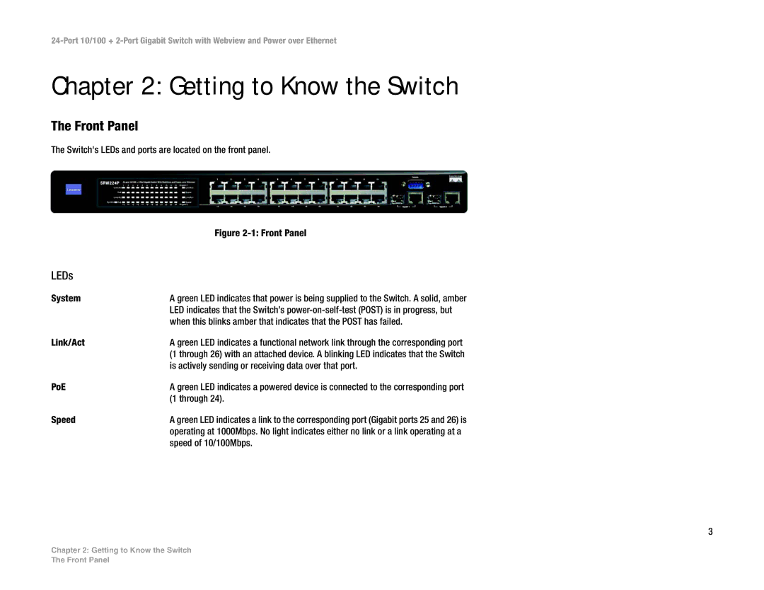 Linksys SRW224P manual Getting to Know the Switch, Front Panel, LEDs 