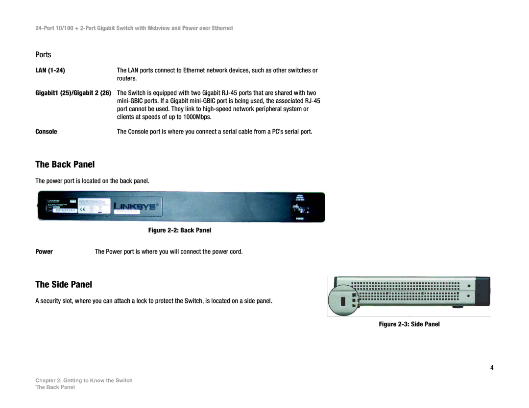 Linksys SRW224P manual Back Panel, Side Panel, Ports 