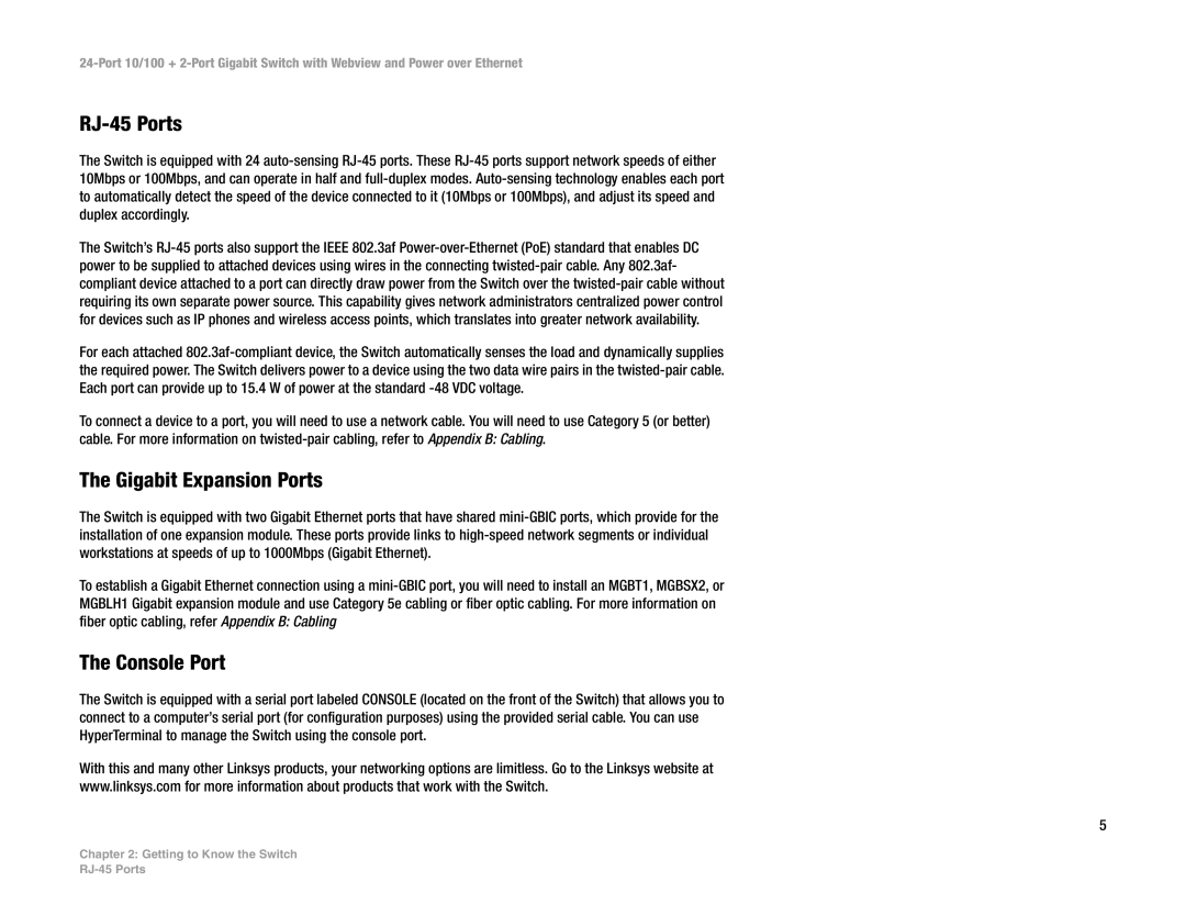 Linksys SRW224P manual RJ-45 Ports, Gigabit Expansion Ports, Console Port 