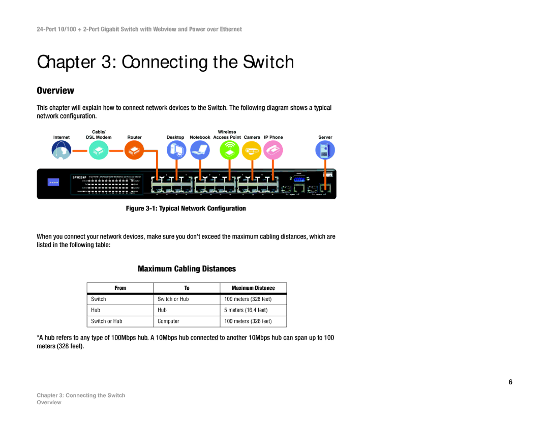 Linksys SRW224P manual Connecting the Switch, Overview, Maximum Cabling Distances 