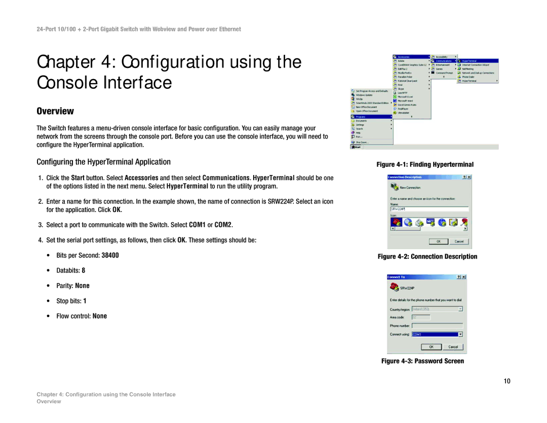 Linksys SRW224P manual Configuration using the Console Interface, Configuring the HyperTerminal Application 