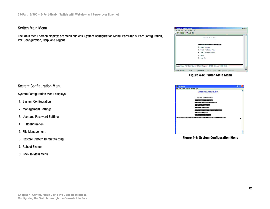 Linksys SRW224P manual Switch Main Menu 