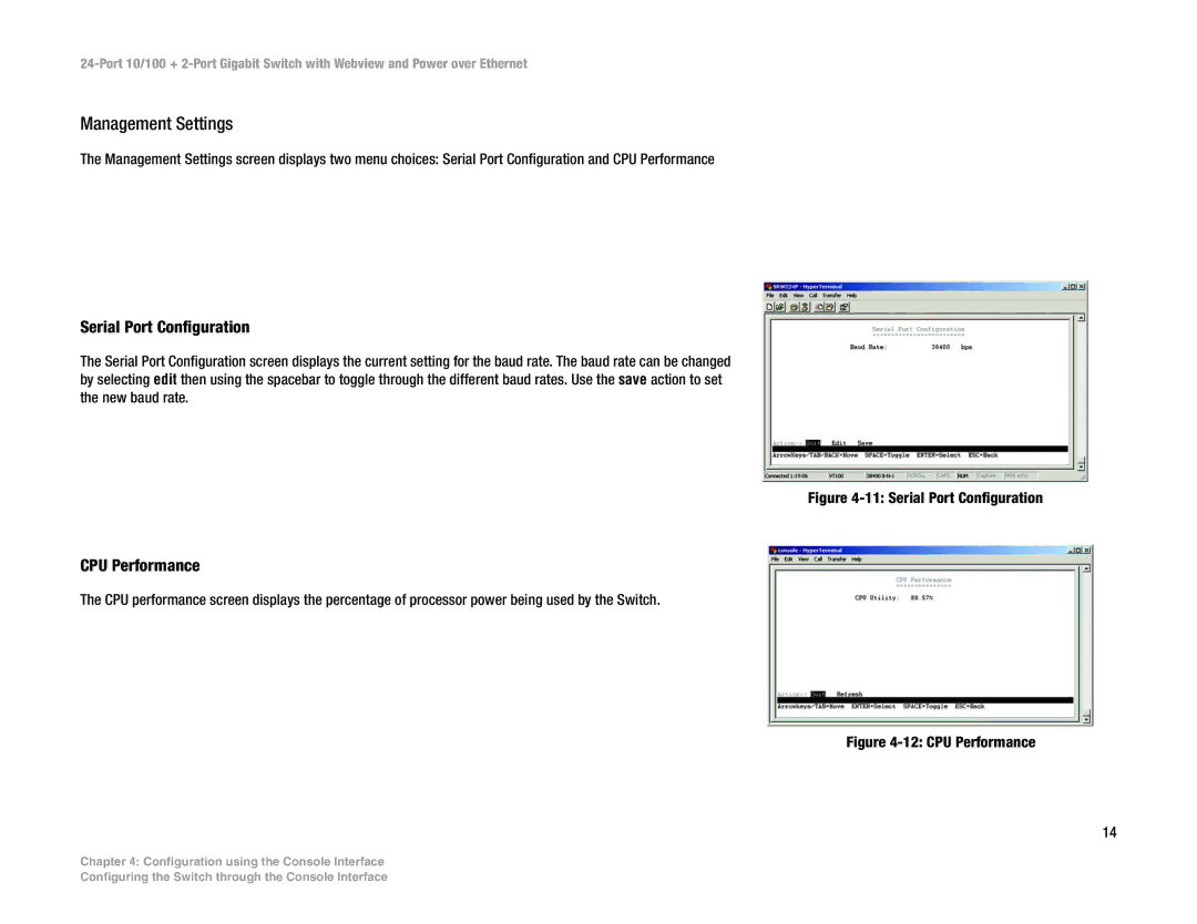 Linksys SRW224P manual Management Settings, Serial Port Configuration, CPU Performance 