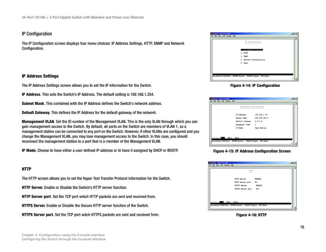 Linksys SRW224P manual IP Configuration, IP Address Settings 