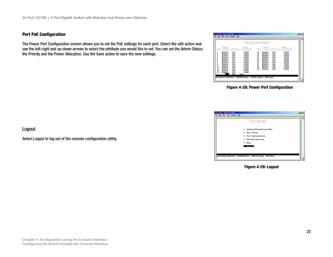 Linksys SRW224P manual Logout, Port PoE Configuration 