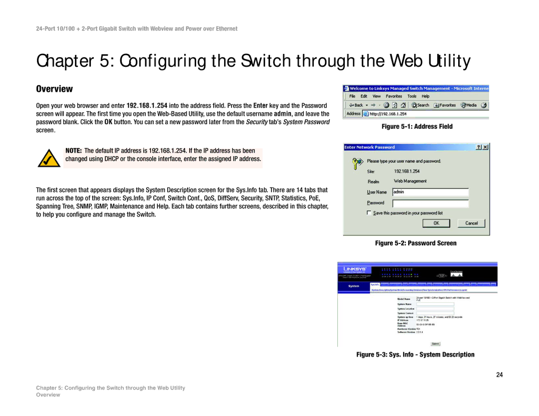 Linksys SRW224P manual Configuring the Switch through the Web Utility 