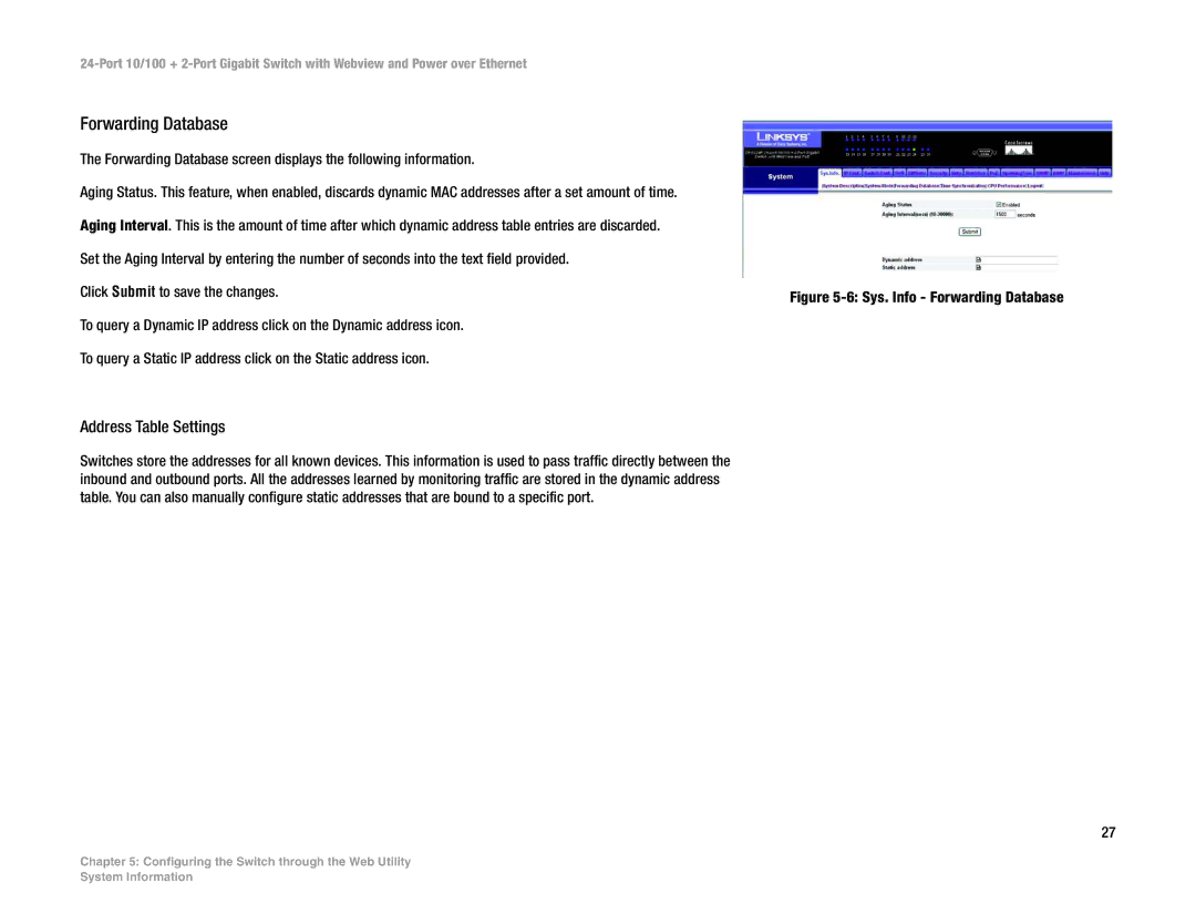 Linksys SRW224P manual Forwarding Database, Address Table Settings 