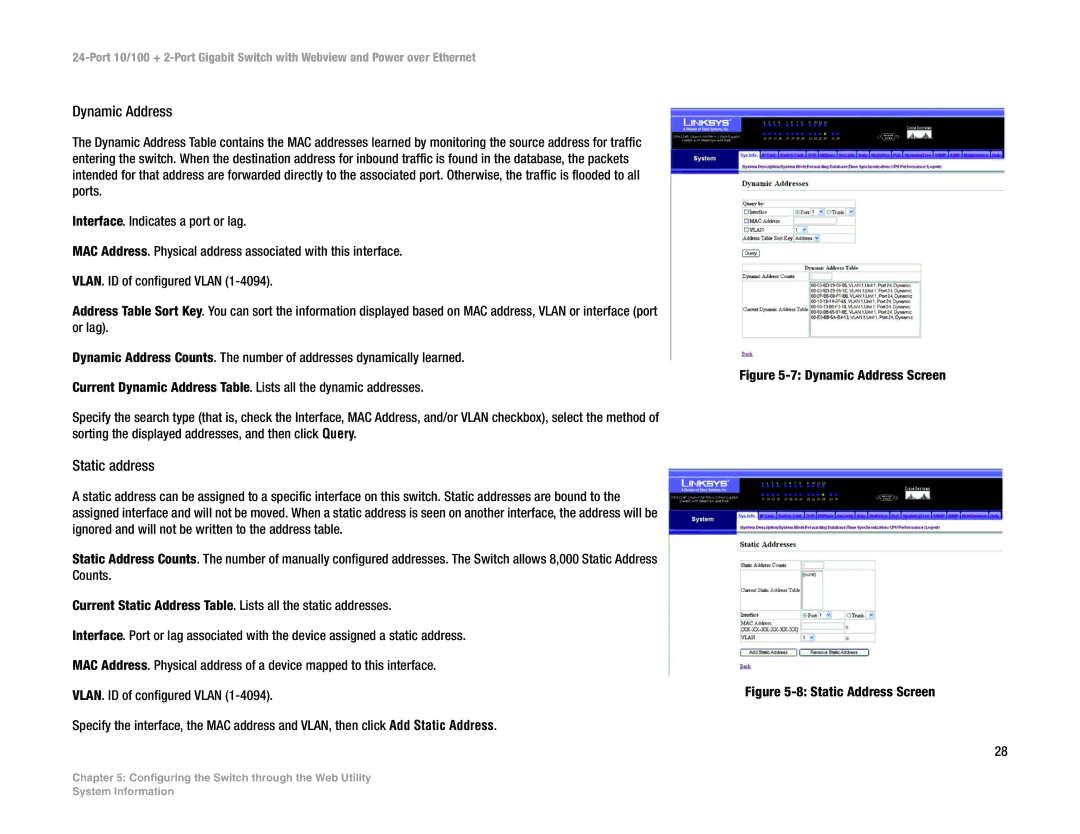 Linksys SRW224P manual Dynamic Address, Static address 