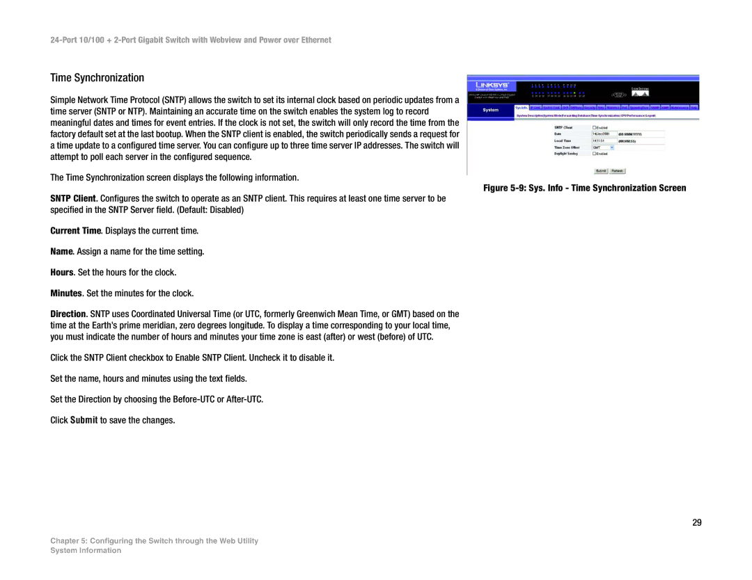 Linksys SRW224P manual Sys. Info Time Synchronization Screen 