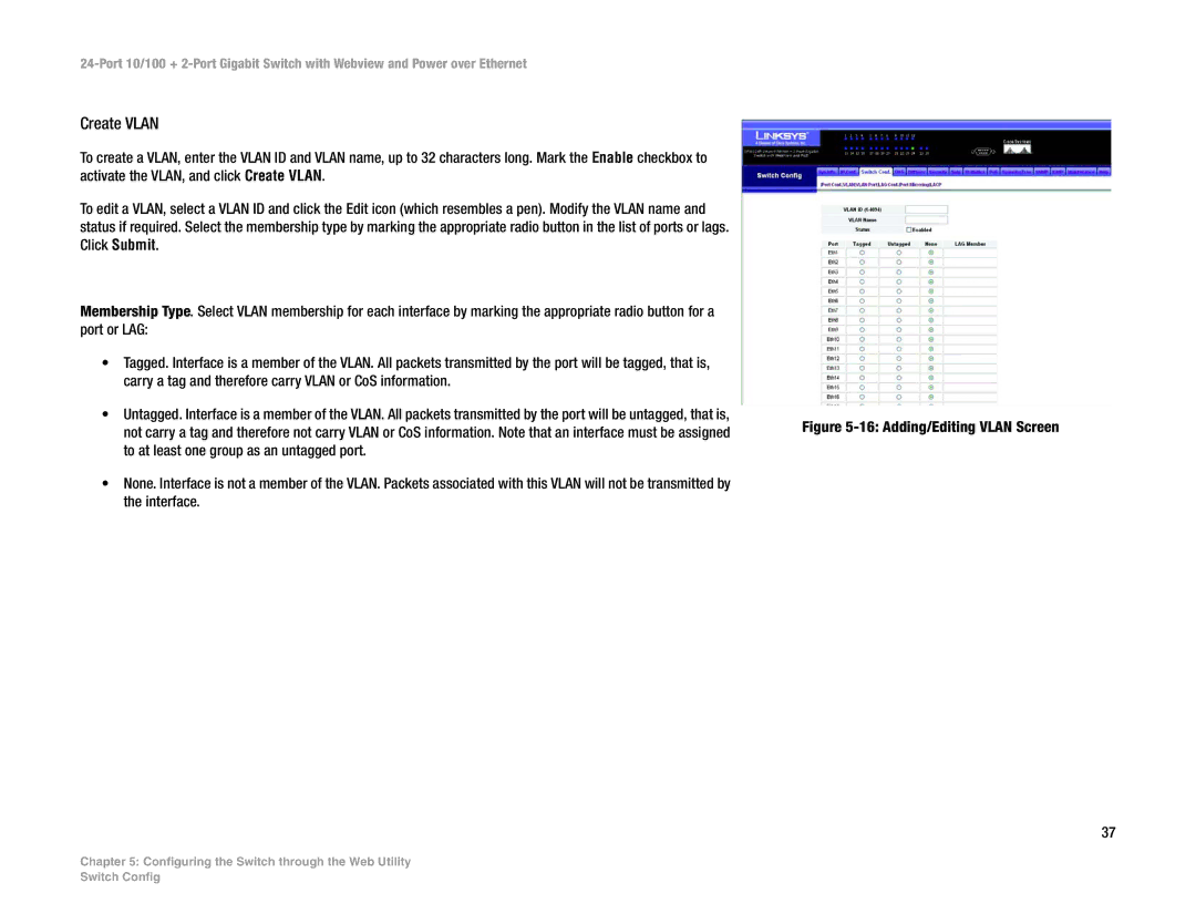 Linksys SRW224P manual Create Vlan, Adding/Editing Vlan Screen 