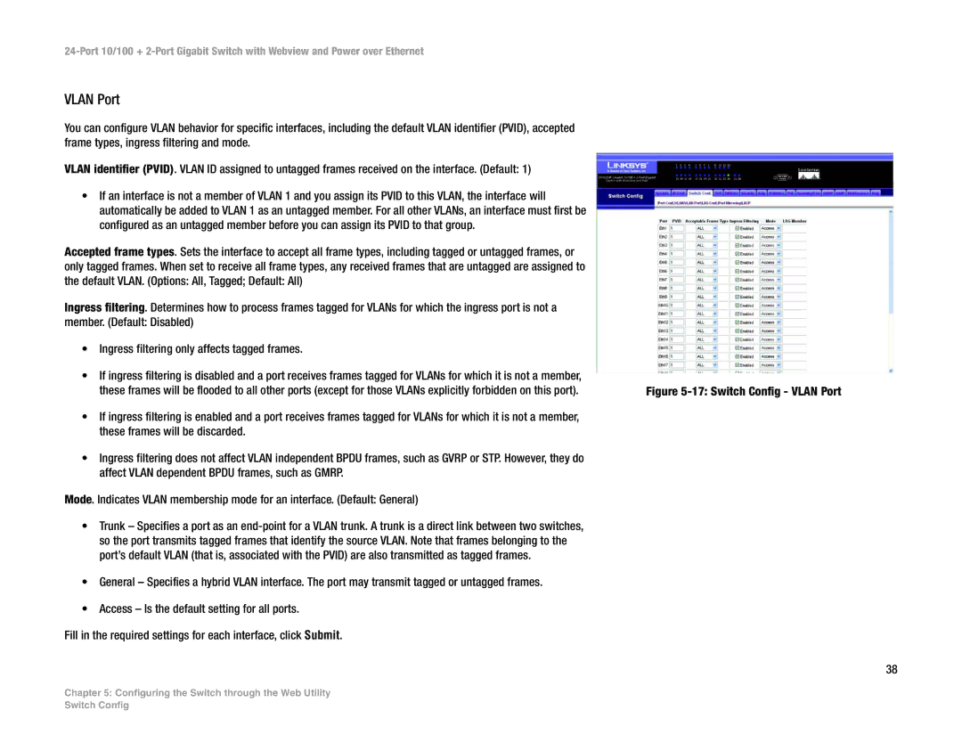 Linksys SRW224P manual Switch Config Vlan Port 