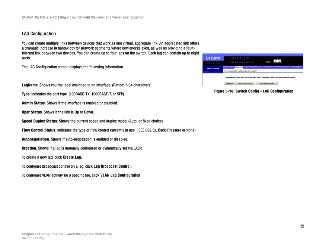 Linksys SRW224P manual Switch Config LAG Configuration 